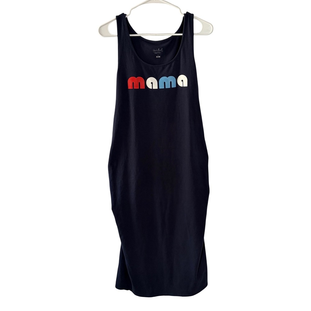 Isabel Maternity Mama Graphic Tank Dress Navy‎ Blue Side Ruched Sleeveless L